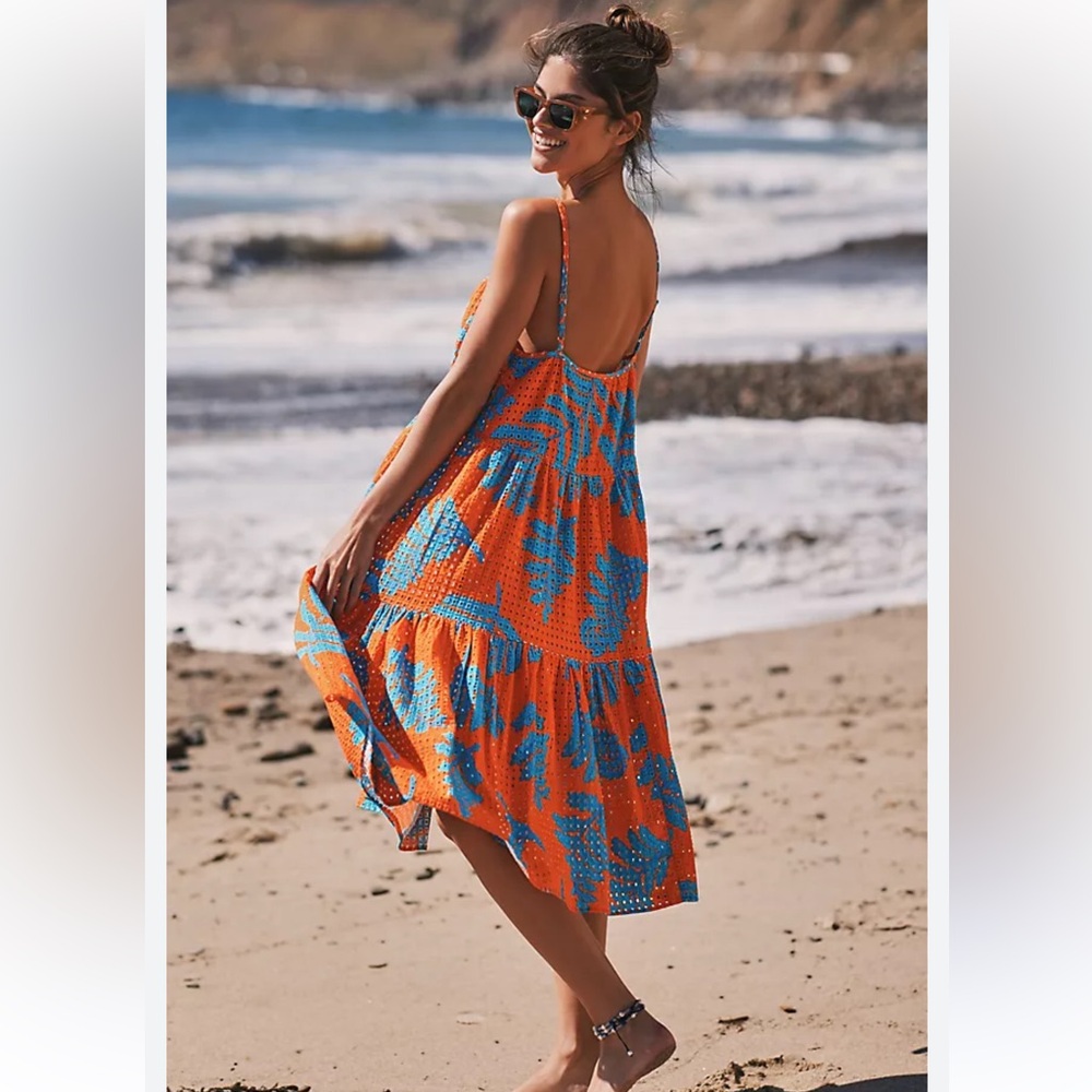 Anthropologie Solid & Striped Addison Midi Dress Orange Leaf Motif Small